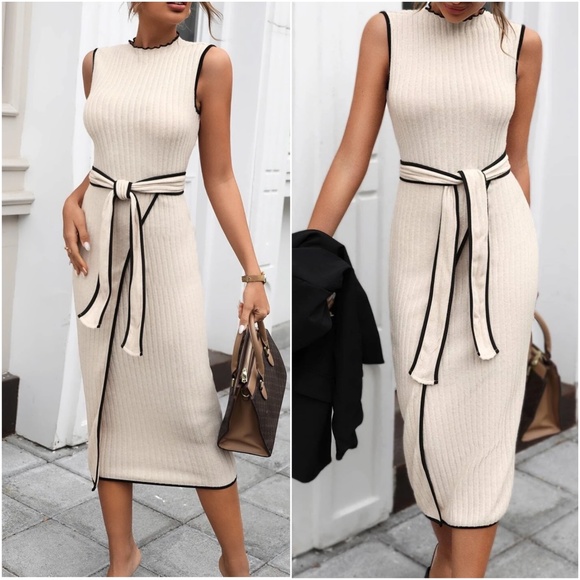 06 Ribbed Sleeveless Belted Bodycon Dress - Picture 4 of 4